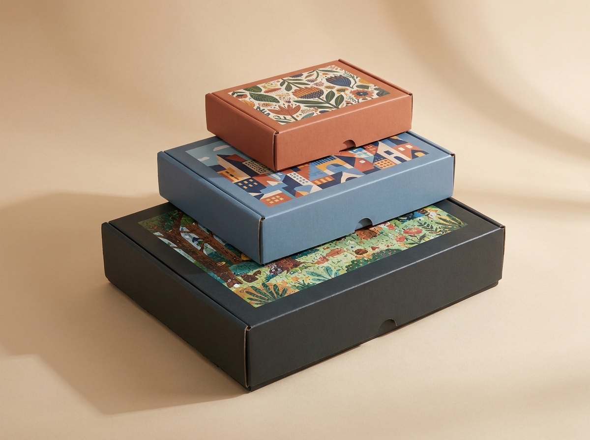 Three custom puzzle boxes in different sizes stacked in a pyramid