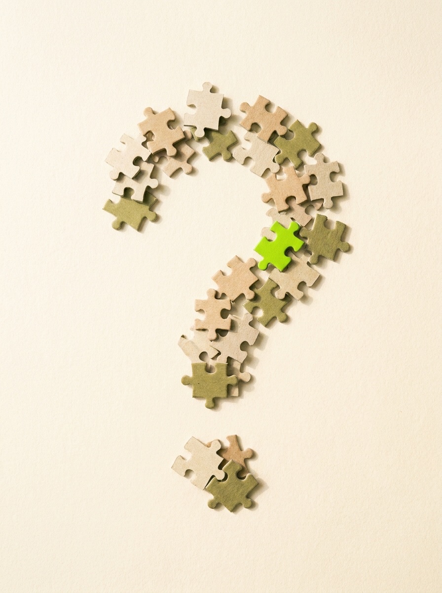 Puzzle pieces arranged in the shape of a question mark, with one lime green piece standing out