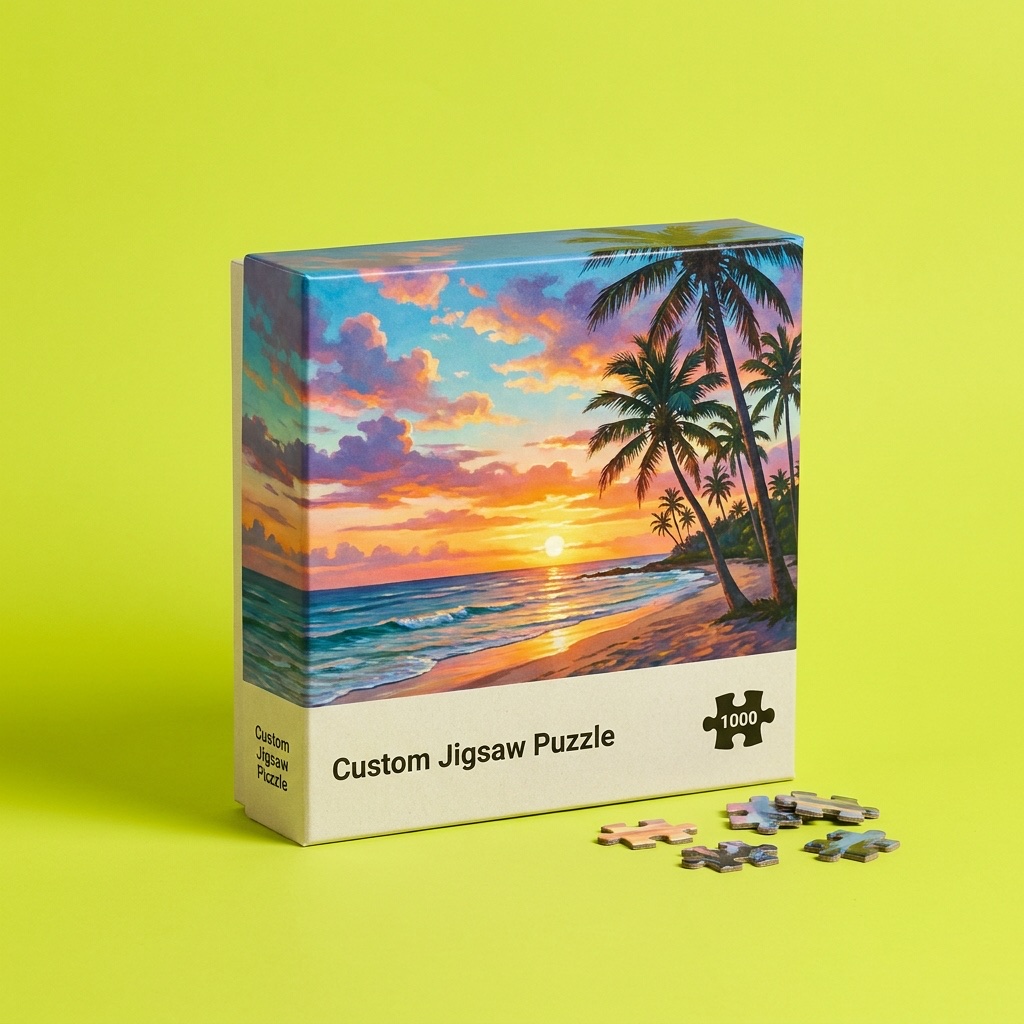 Custom jigsaw puzzle box printed with a sunset beach design