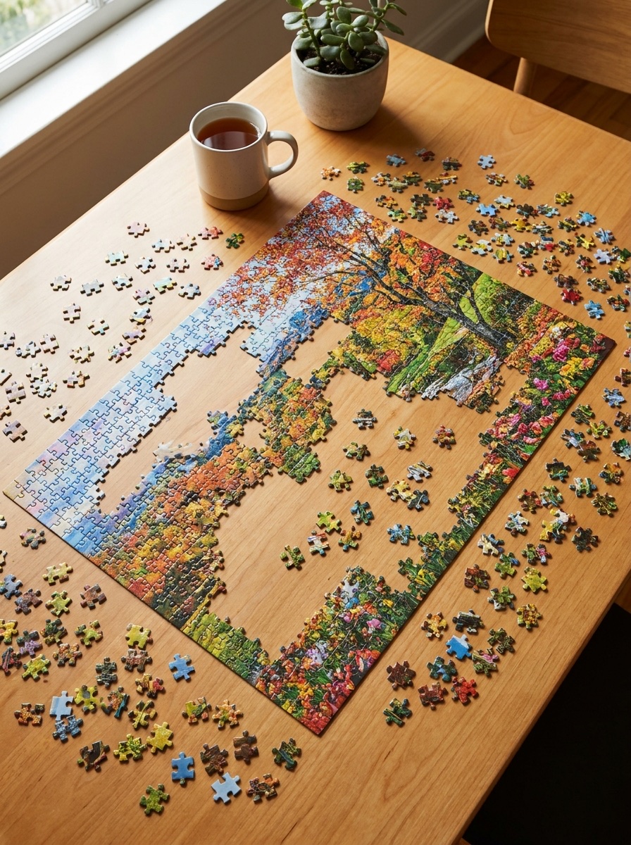 A jigsaw puzzle half assembled on a table with loose pieces scattered all around it