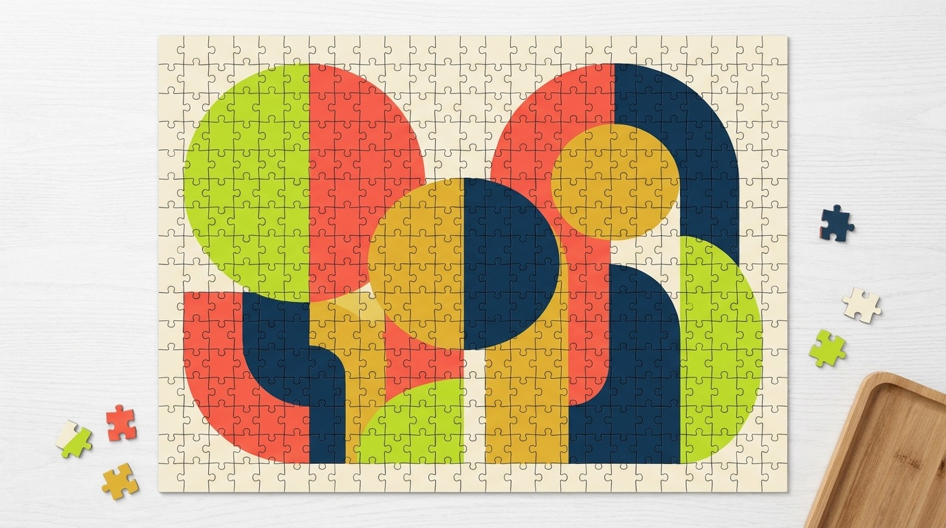 Completed puzzle with vibrant abstract color-block shapes in lime, coral, mustard and navy
