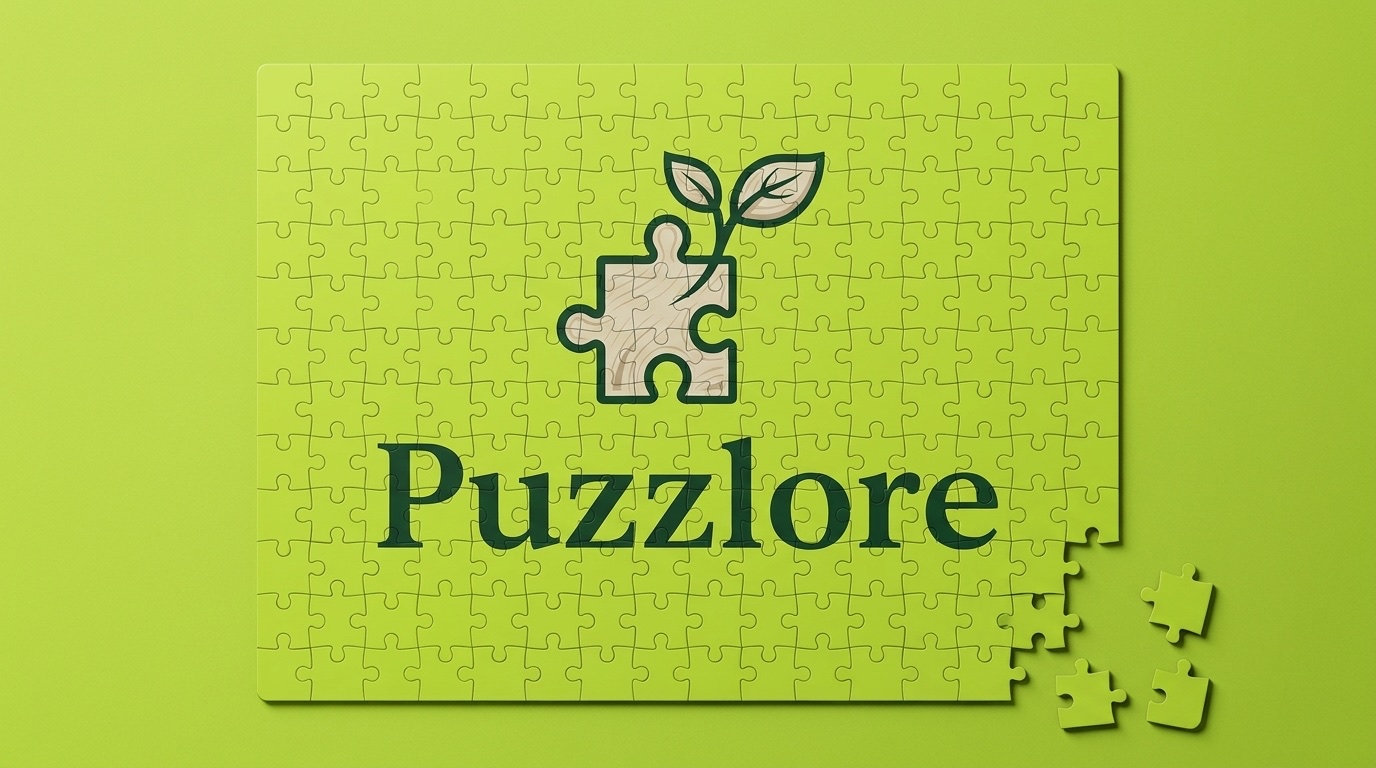 Branded puzzle with a company logo on a bright lime background, a few pieces detached at the corner