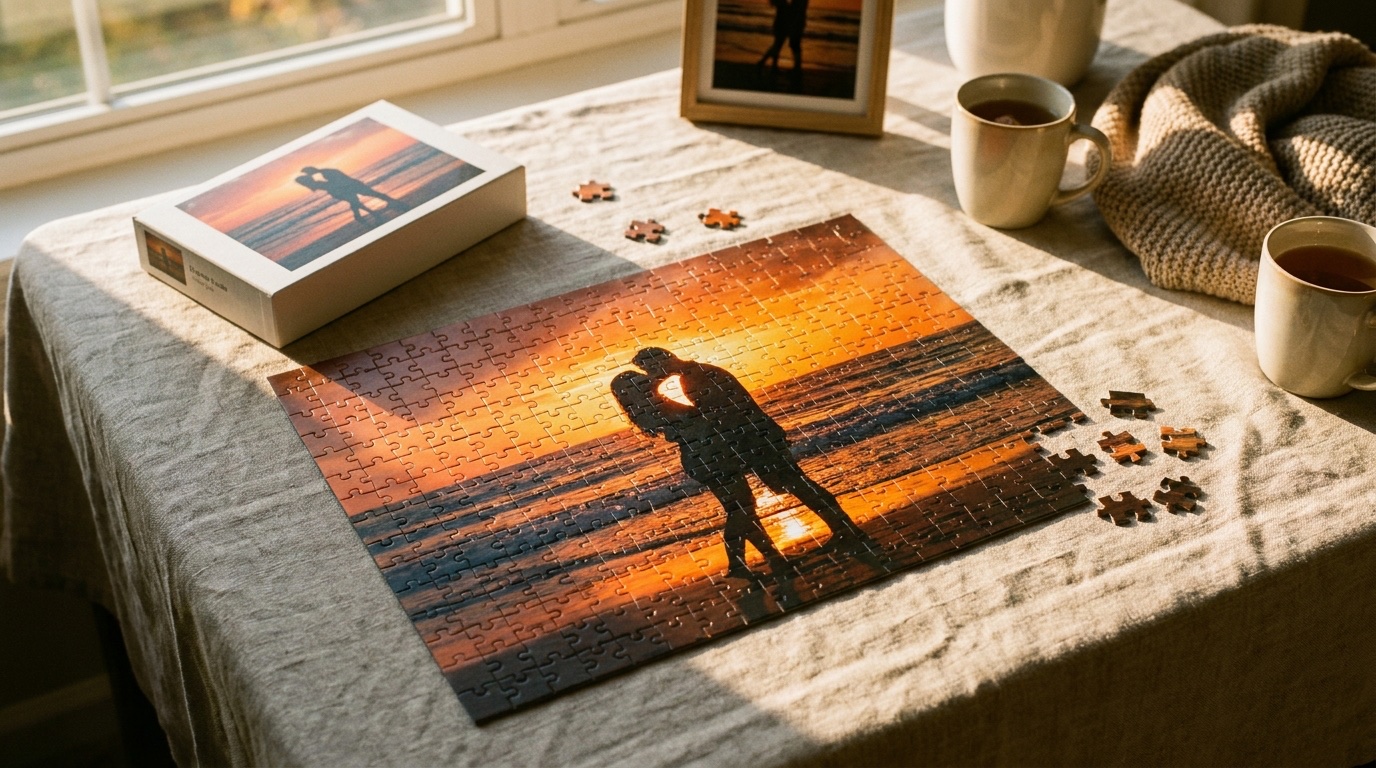 Almost finished puzzle made from a photo of a couple at sunset on the beach