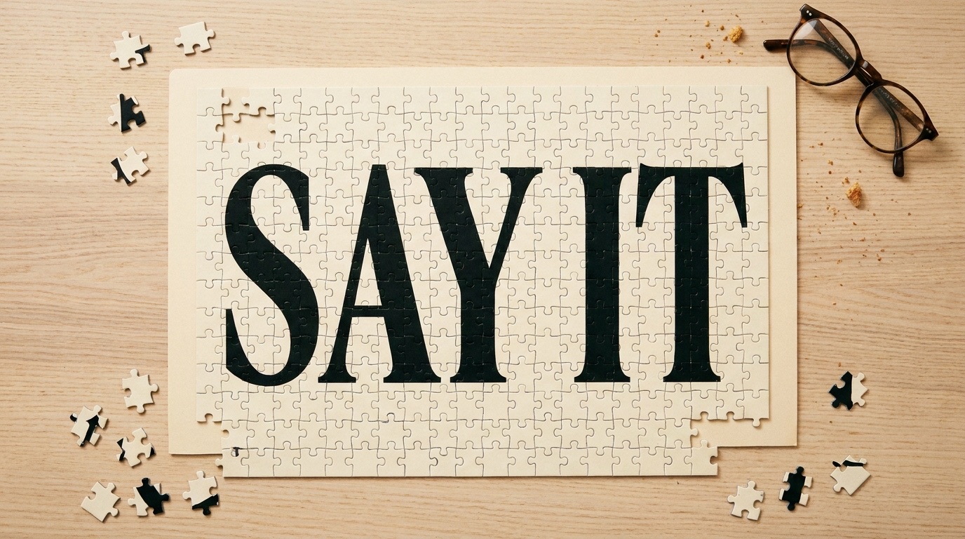 Typographic puzzle spelling the words SAY IT in bold black letters on a cream background