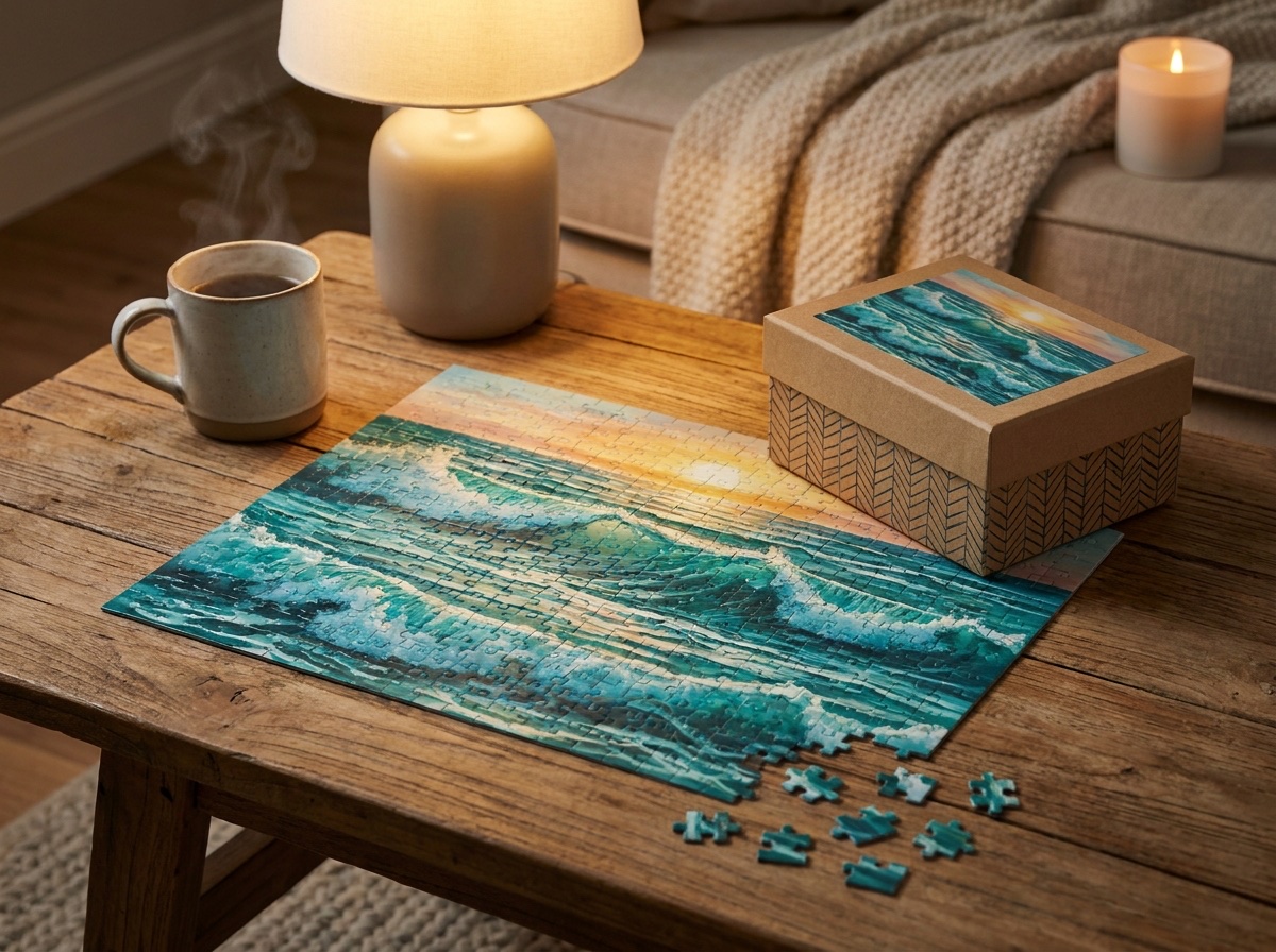 Ocean waves puzzle half assembled on a coffee table beside a cup of tea and its gift box