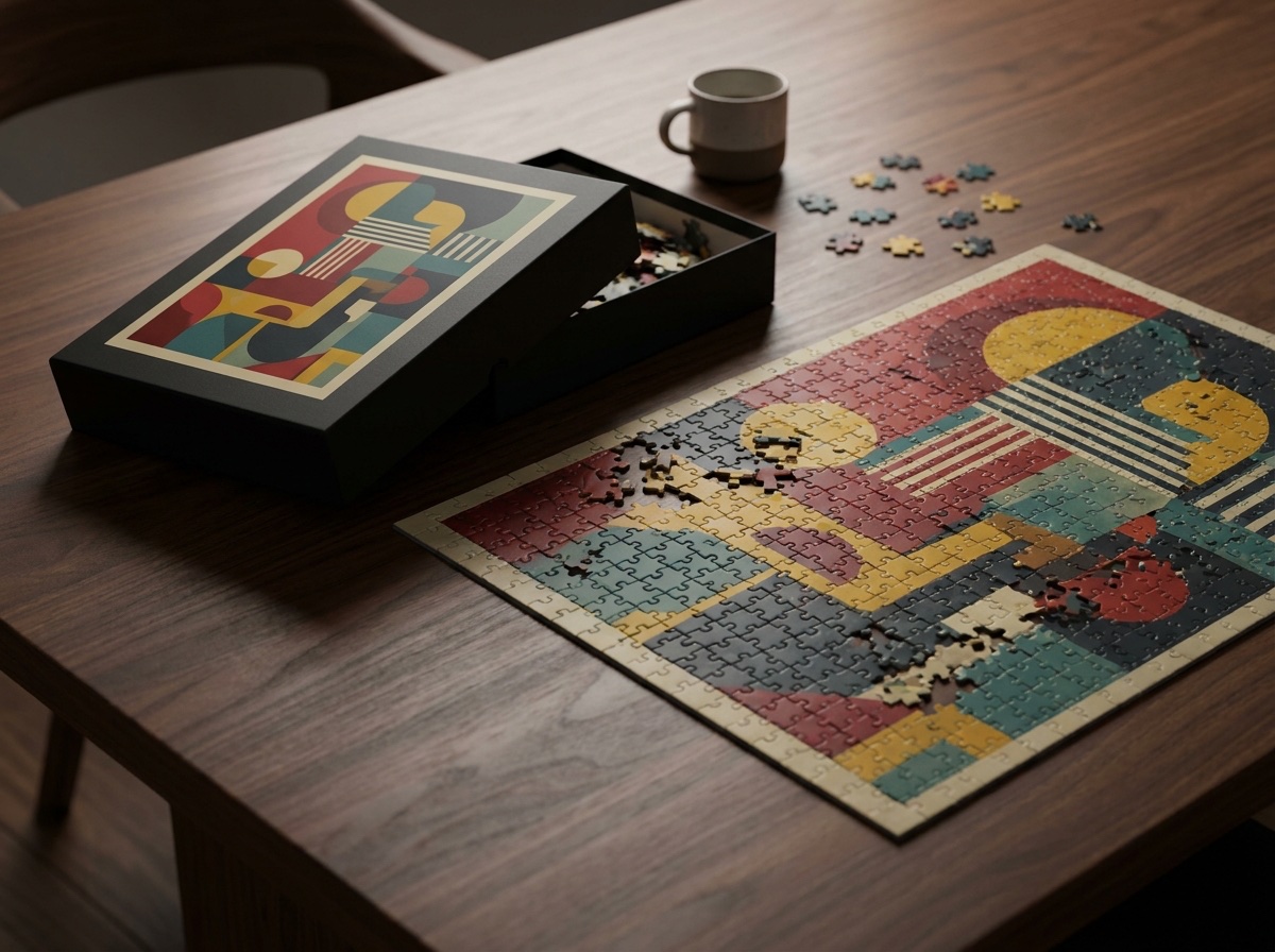 Premium abstract art puzzle on a walnut table beside its matte black keepsake box