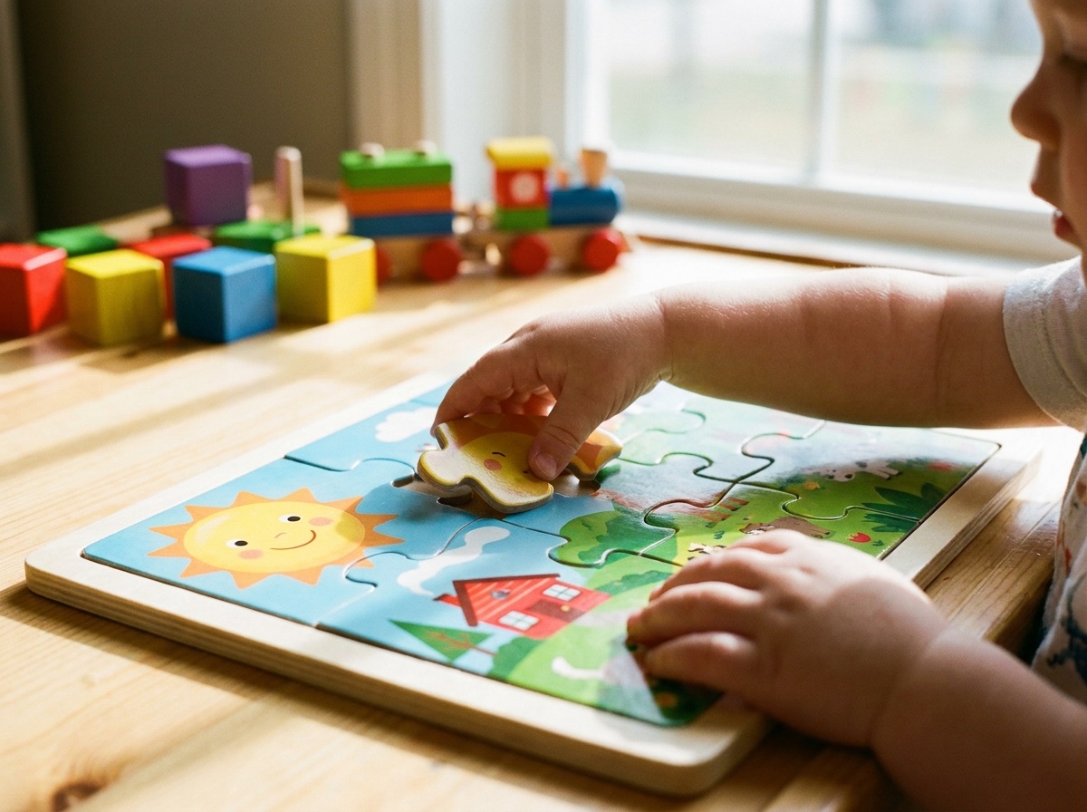 Child placing a large piece into a chunky kids' puzzle with a smiling sun and a little red house