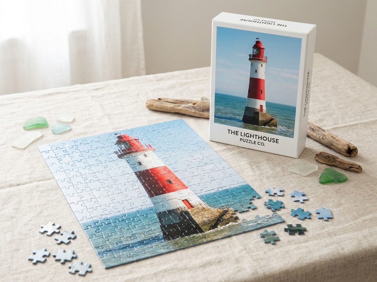 Portrait-orientation lighthouse photo puzzle partially assembled on a linen tablecloth with its paper box behind