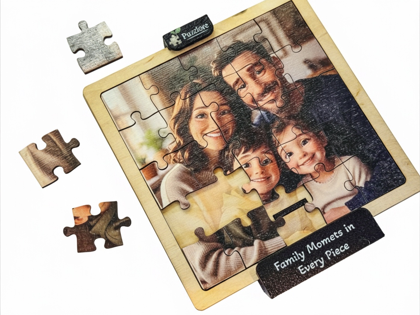 Wooden photo puzzle of a family, laser-cut from plywood and assembled inside a matching wooden frame with a Puzzlore nameplate