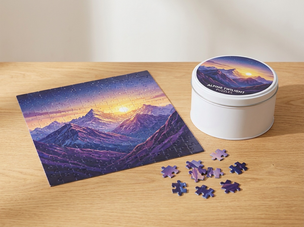 Completed mountain landscape puzzle on a wooden table beside its white metal tin box