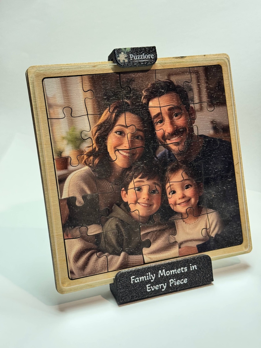 The finished family jigsaw puzzle assembled in a wooden frame on a display stand