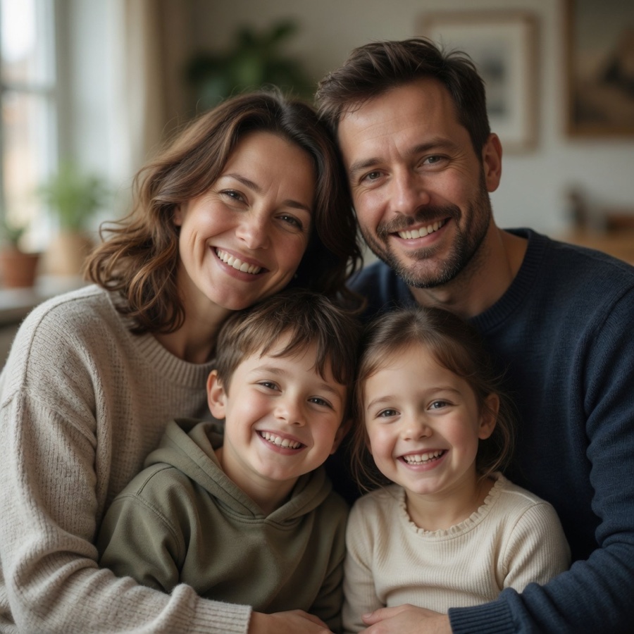 A family of four smiling together in a warmly lit living room
