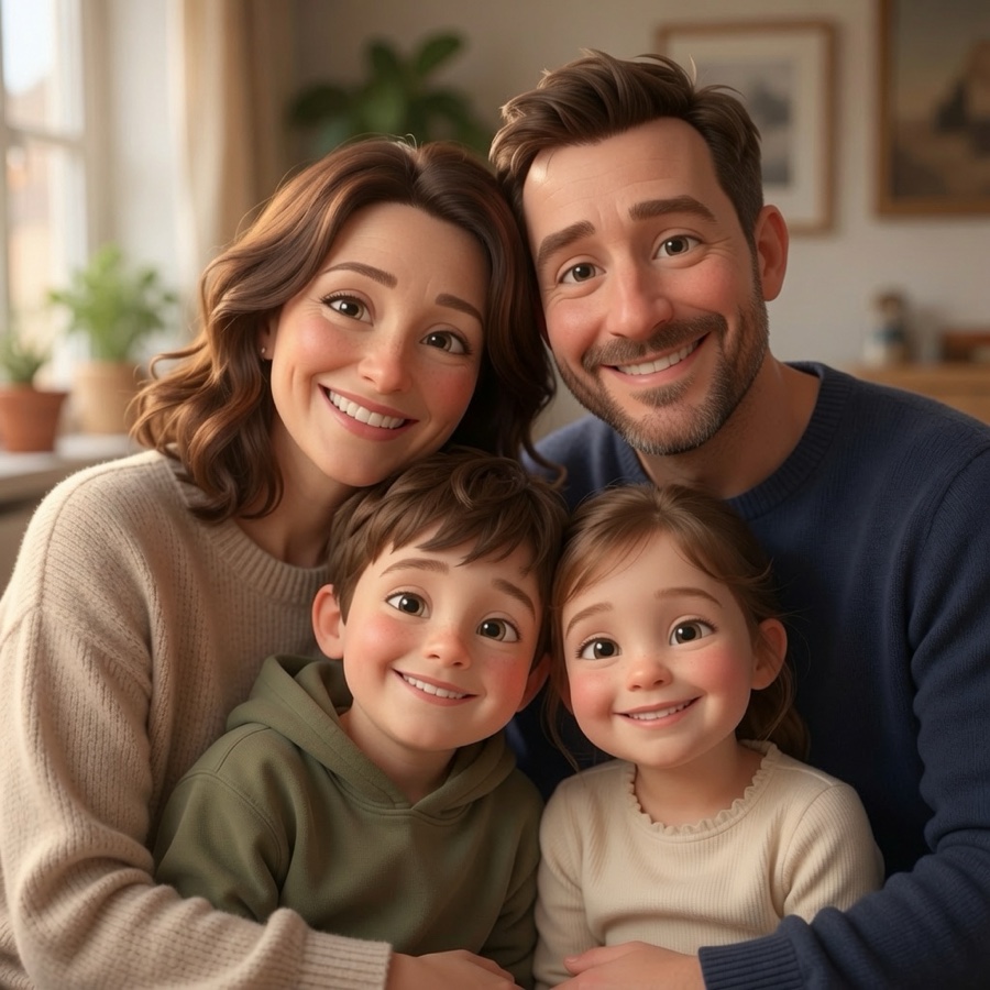 The same family portrait re-rendered in a soft animated illustration style